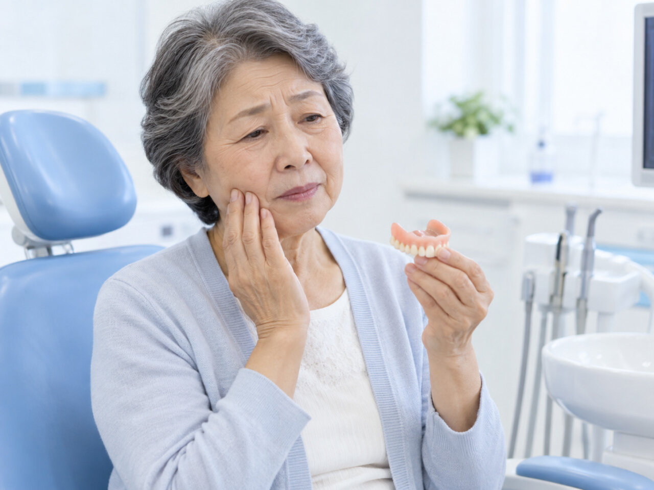 入れ歯の痛みや合わないことで悩む患者さんのイメージ