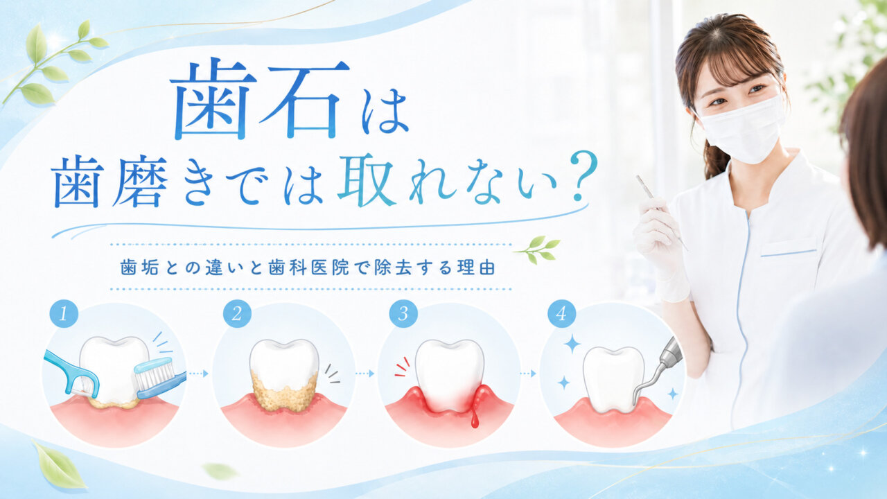 歯石と歯垢の違い、歯ぐきの炎症、歯科医院での歯石除去を示したイメージ
