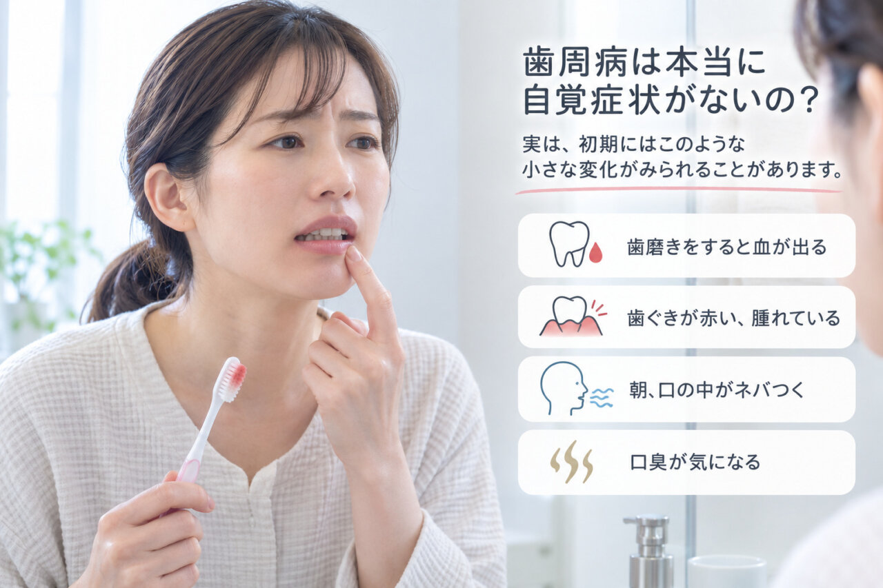 歯磨き時の出血・歯ぐきの腫れ・口のネバつき・口臭など歯周病の初期症状を解説した画像