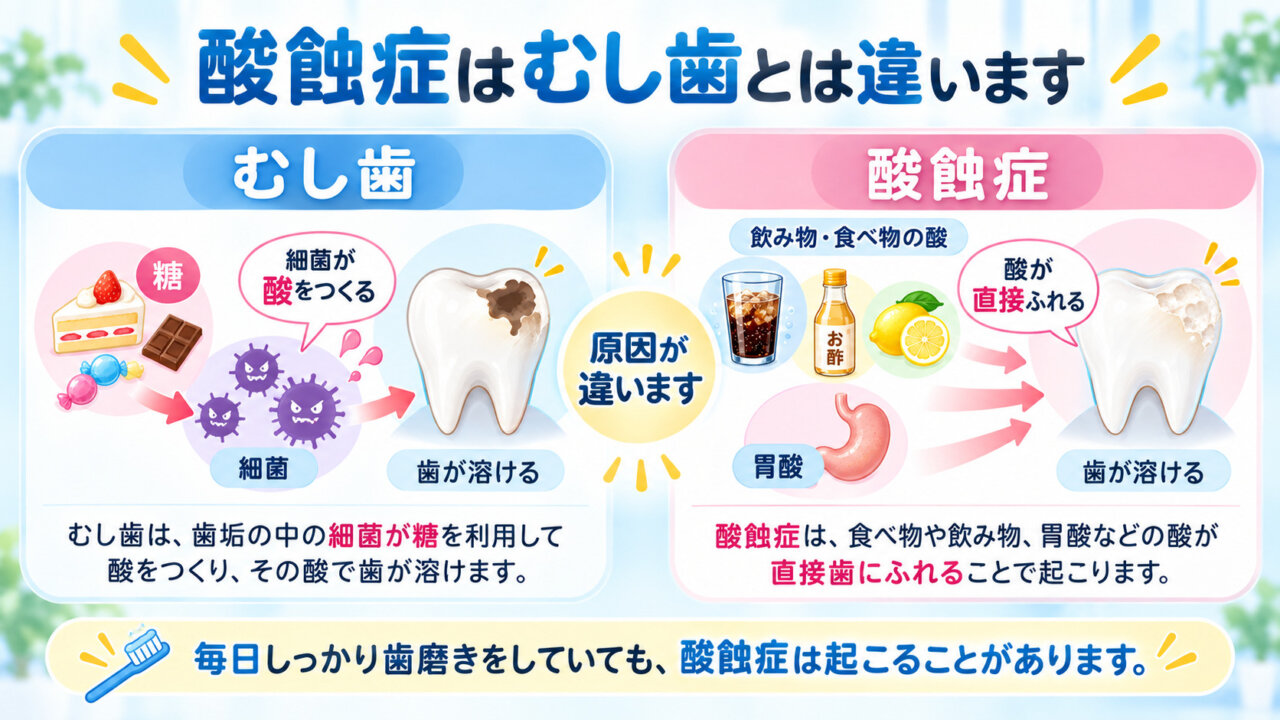 むし歯と酸蝕症で歯が溶ける原因の違いを比較したイラスト