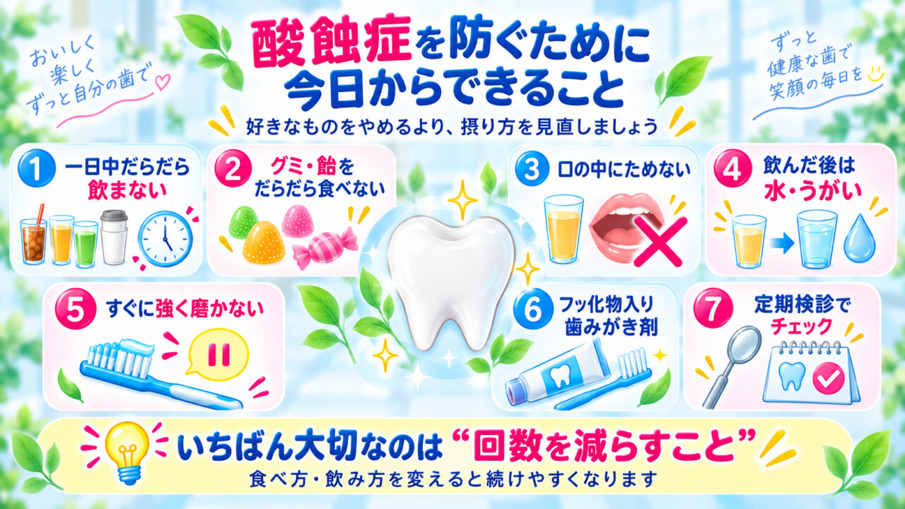 酸蝕症を防ぐための飲食方法や歯磨き、定期検診などの予防方法