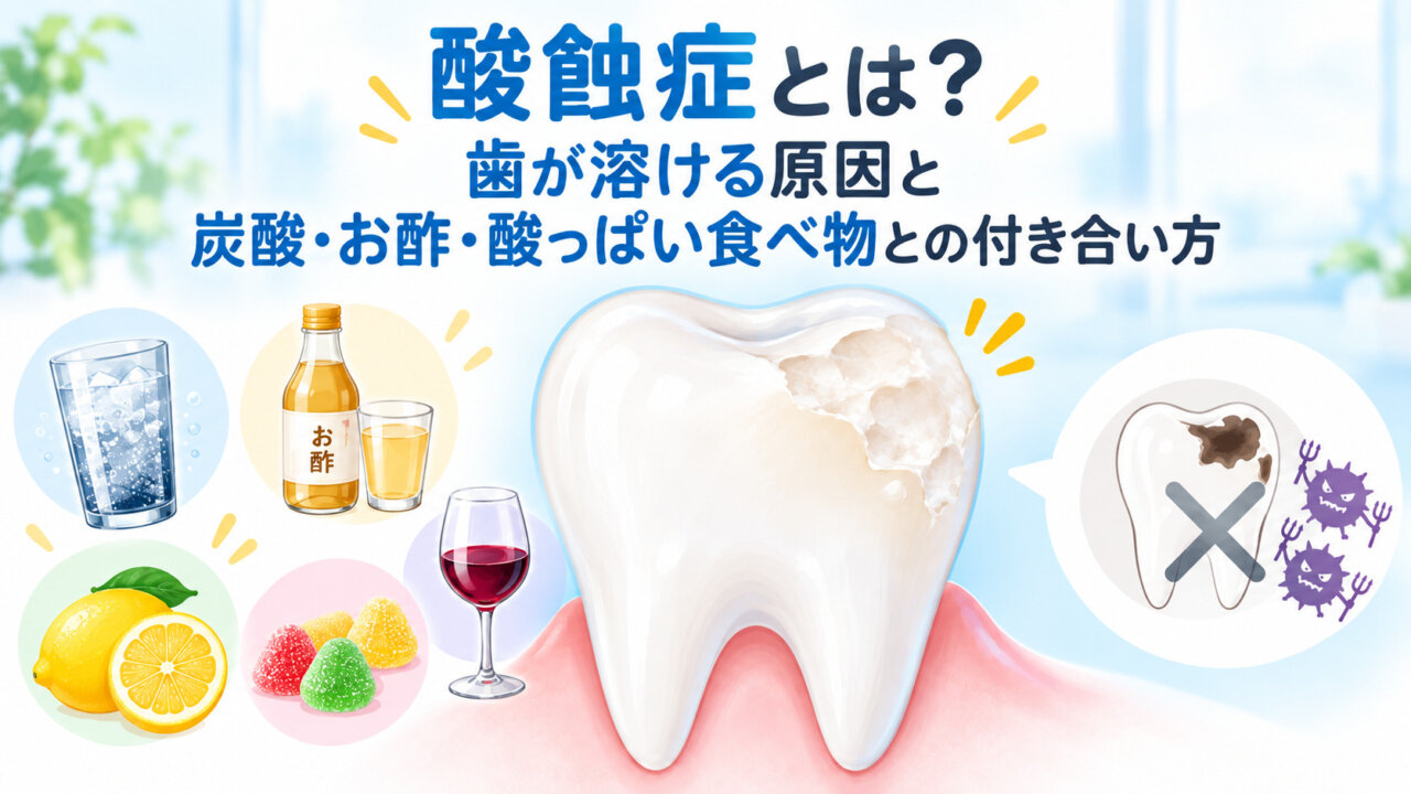 酸蝕症で歯が溶ける原因と炭酸・お酢・酸っぱい食べ物を示したイラス