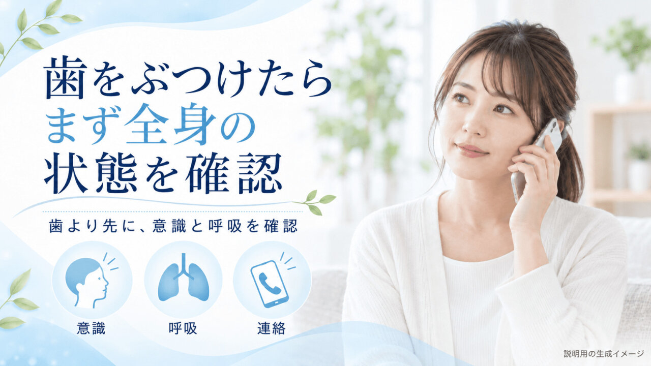 全身の状態を確認するため、電話で相談する女性と、意識・呼吸・連絡の確認を示す図
