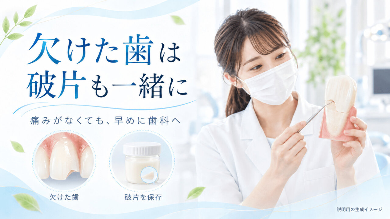 欠けた歯の模型と、歯の破片を容器に入れて持参する方法を示す図