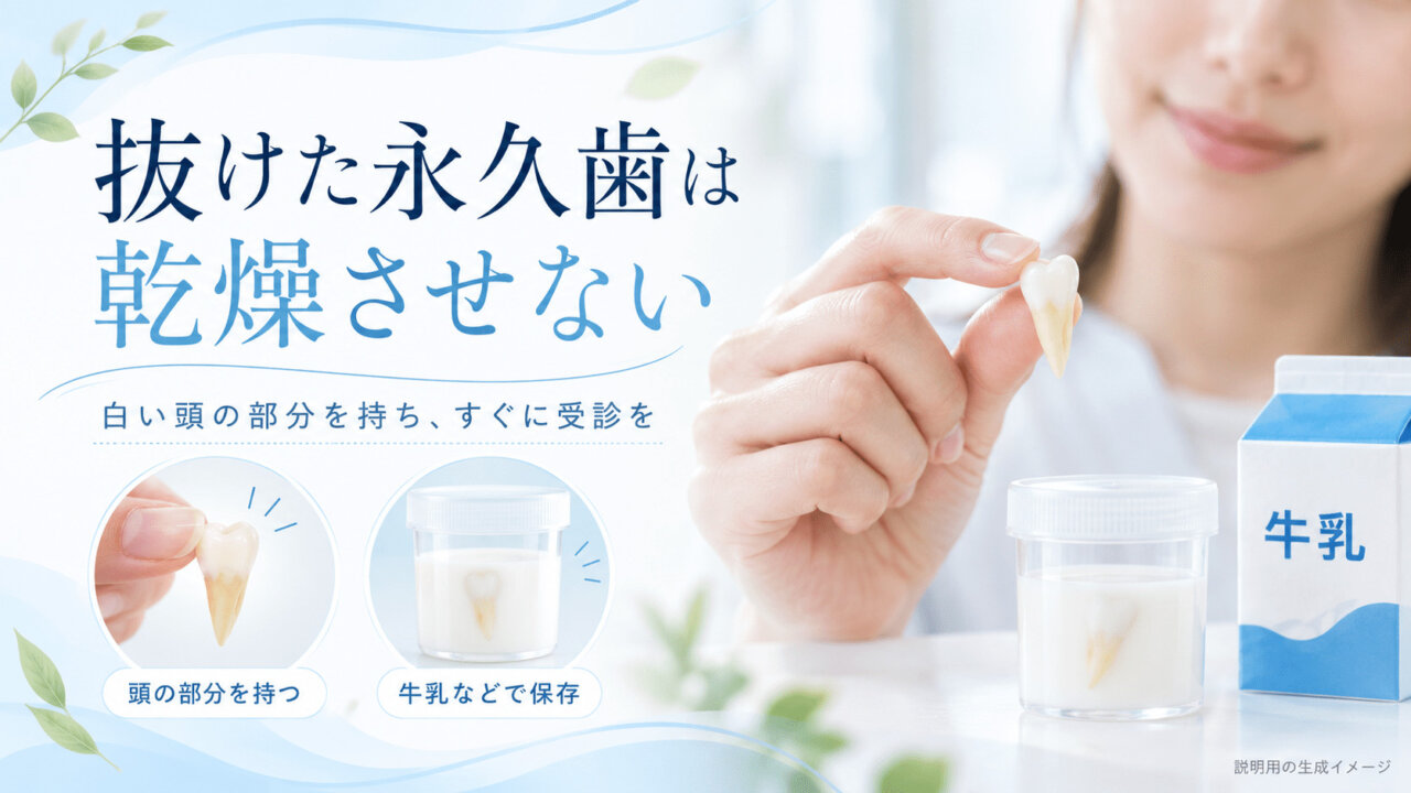 抜けた永久歯の白い頭の部分を持つ手と、牛乳を使った保存方法を示す図