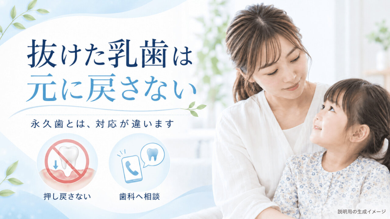 母親と子ども、抜けた乳歯を元に戻さず受診することを示す図