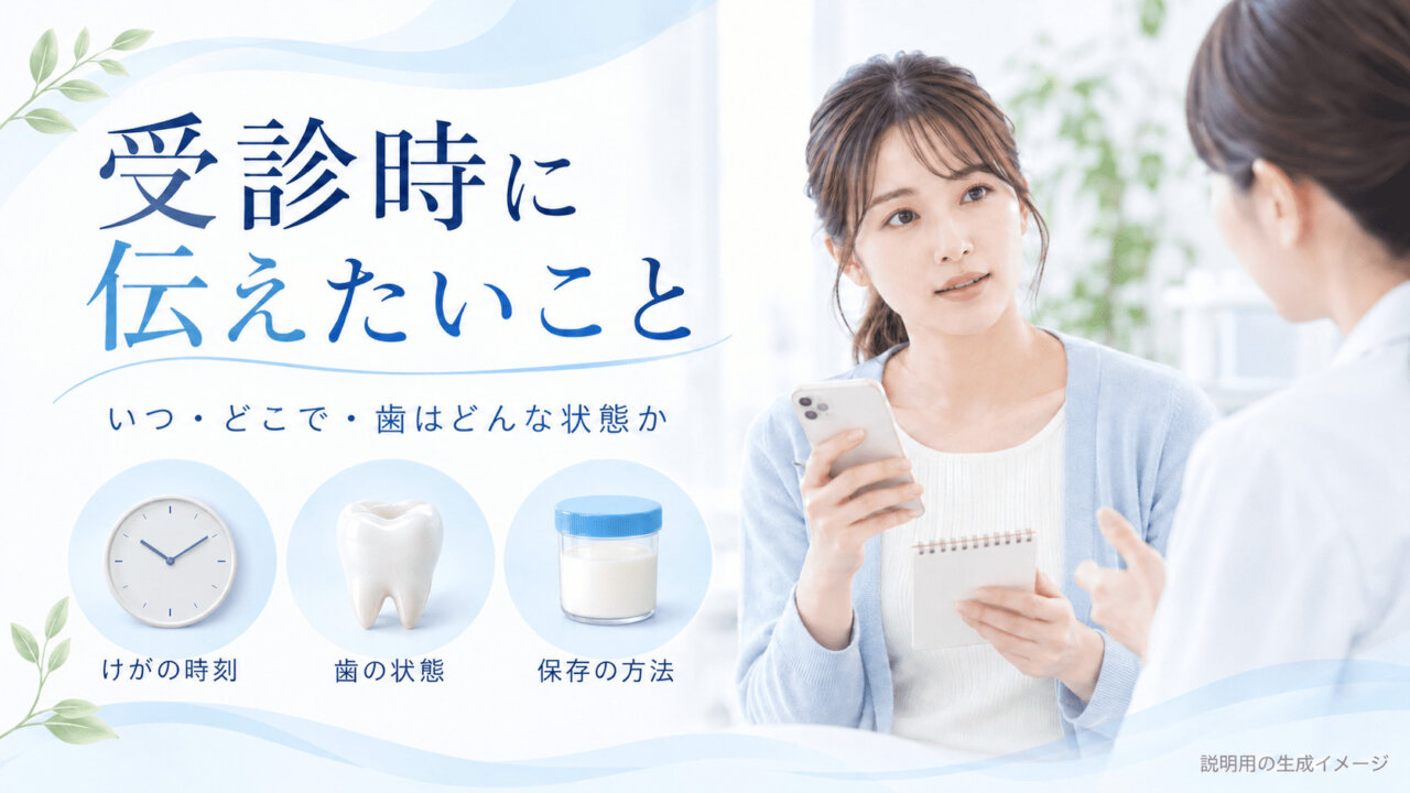 歯科へ相談する女性と、けがの時刻・歯の状態・保存方法の確認項目