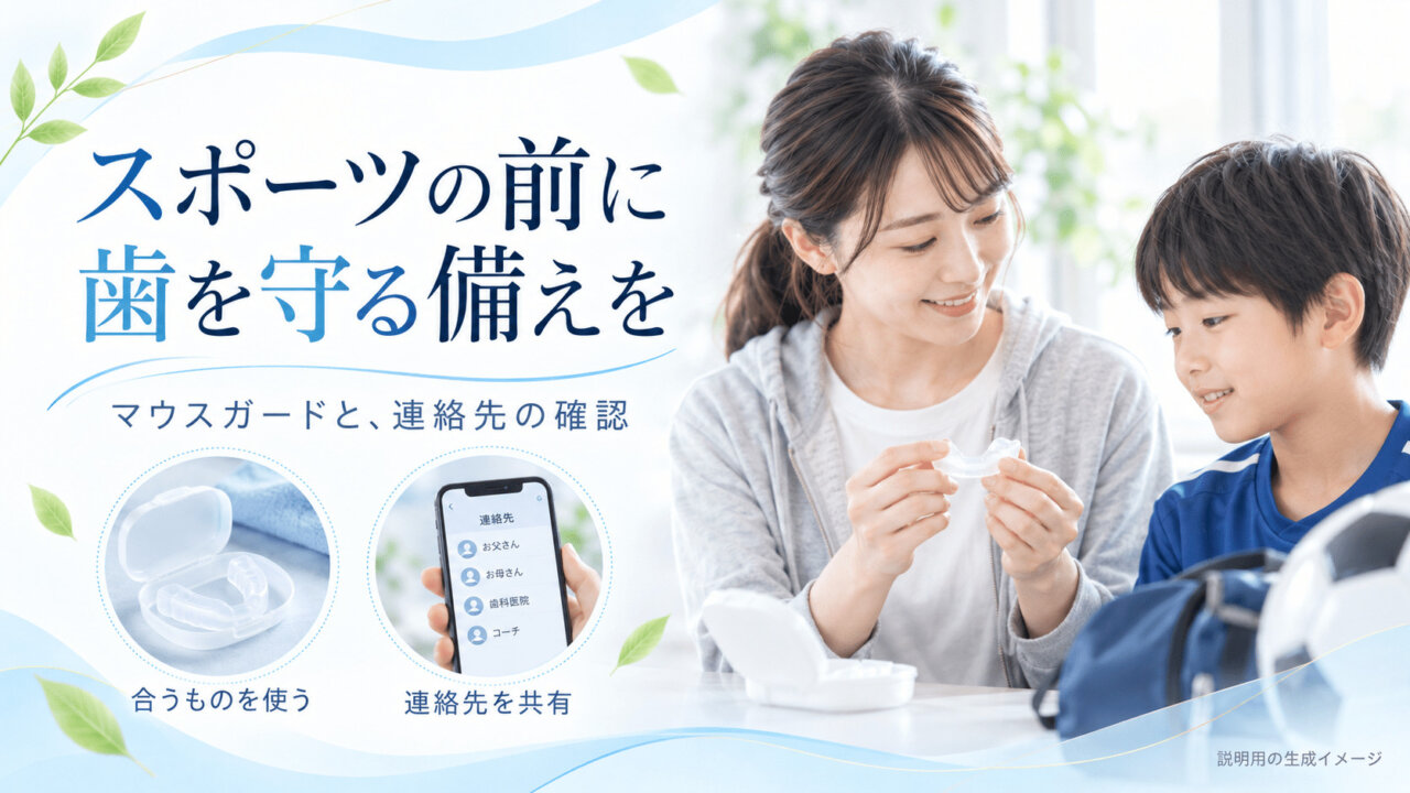 マウスガードを確認する親子と、家族で連絡先を共有するスマートフォン