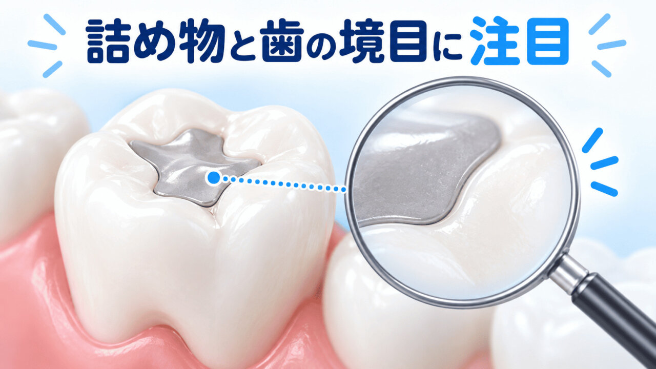 詰め物のある奥歯と、詰め物と歯の境目を示す拡大イメージ