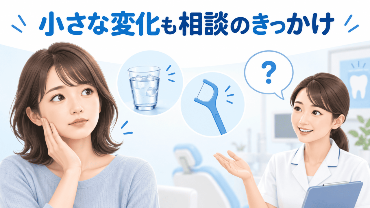 歯の違和感に気づいた女性と、冷たい水やフロスのイメージ