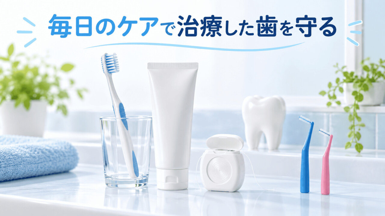 歯ブラシ、歯磨き粉、フロス、歯間ブラシを並べたセルフケアのイメージ