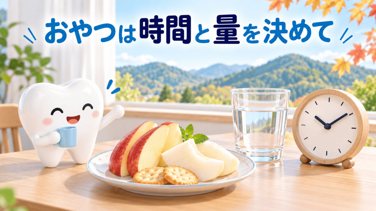 りんごや梨を小皿に取り分け、水と時計を添えた間食のイメージ
