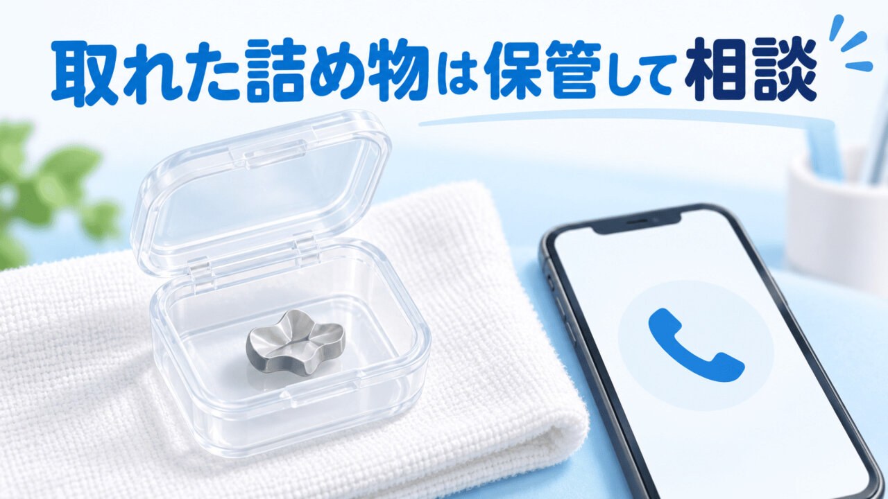 取れた詰め物を保管する容器と、歯科医院へ連絡する電話のイメージ